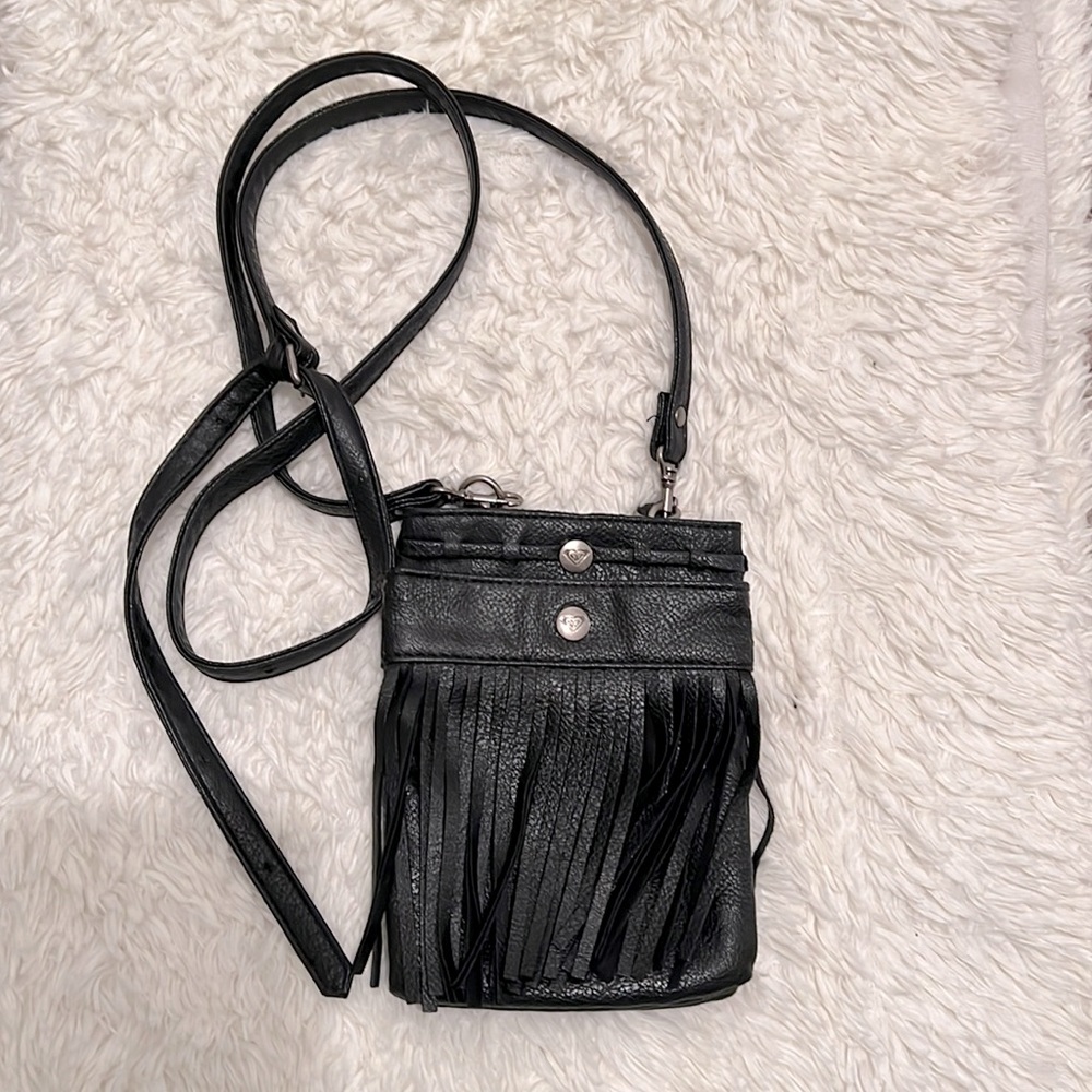 Y2K Roxy fringe vegan leather small compact adjustable length crossbody bag purs